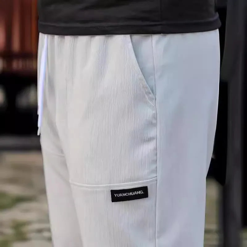 Men's casual polyester trousers for spring and autumn in various colours including light gray and black