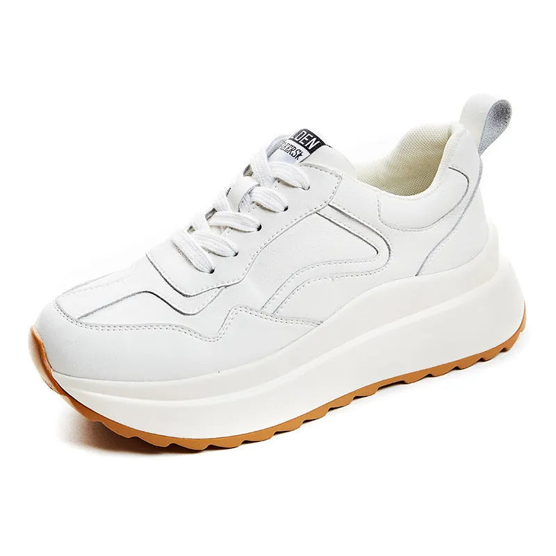 Beige women's low-top casual sports shoes made of cowhide leather with a cross-strap and English muffin heel.