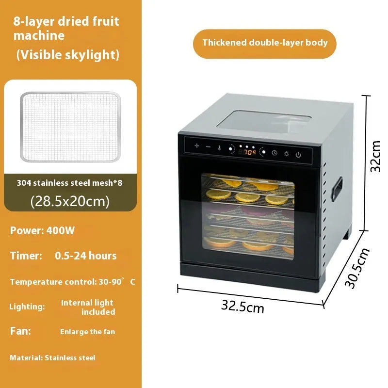 Stainless steel fruit dehydrator with visual skylight window showing food drying inside