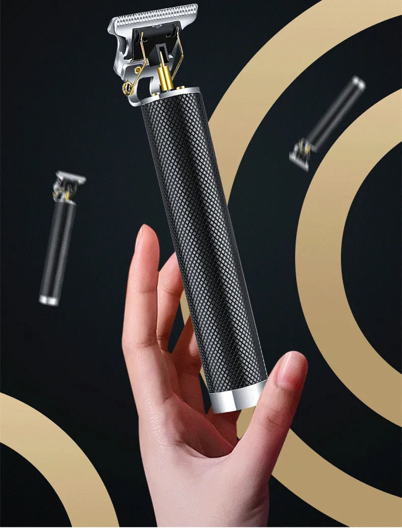 Black rechargeable electric hair clipper with four comb attachments and cleaning brush on a white background.