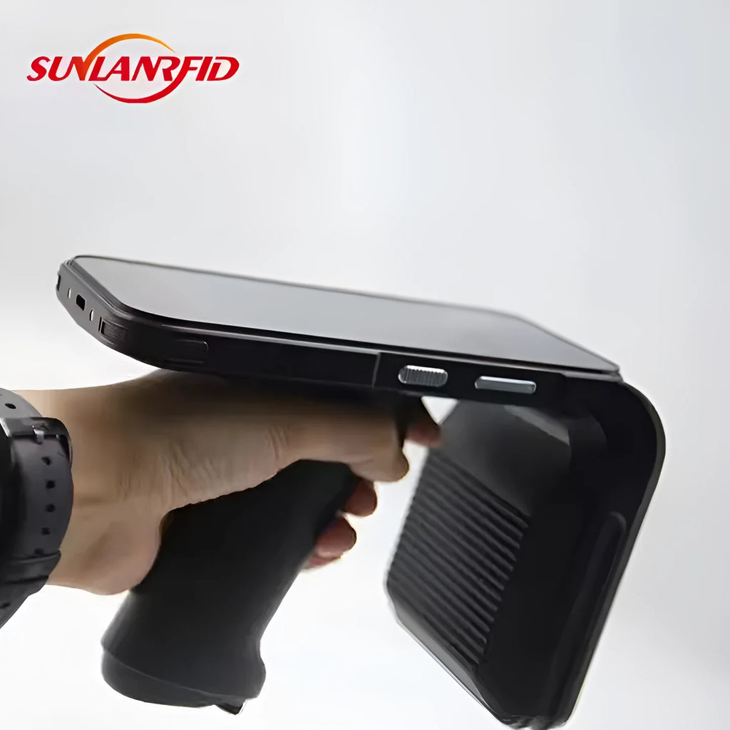 SLP-05 black handheld Android UHF RFID reader with integrated barcode scanner on keypad.