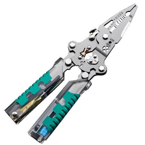 Multi-functional electrician's pliers and wire stripper tool with pointed head and rust-resistant cutting edges.