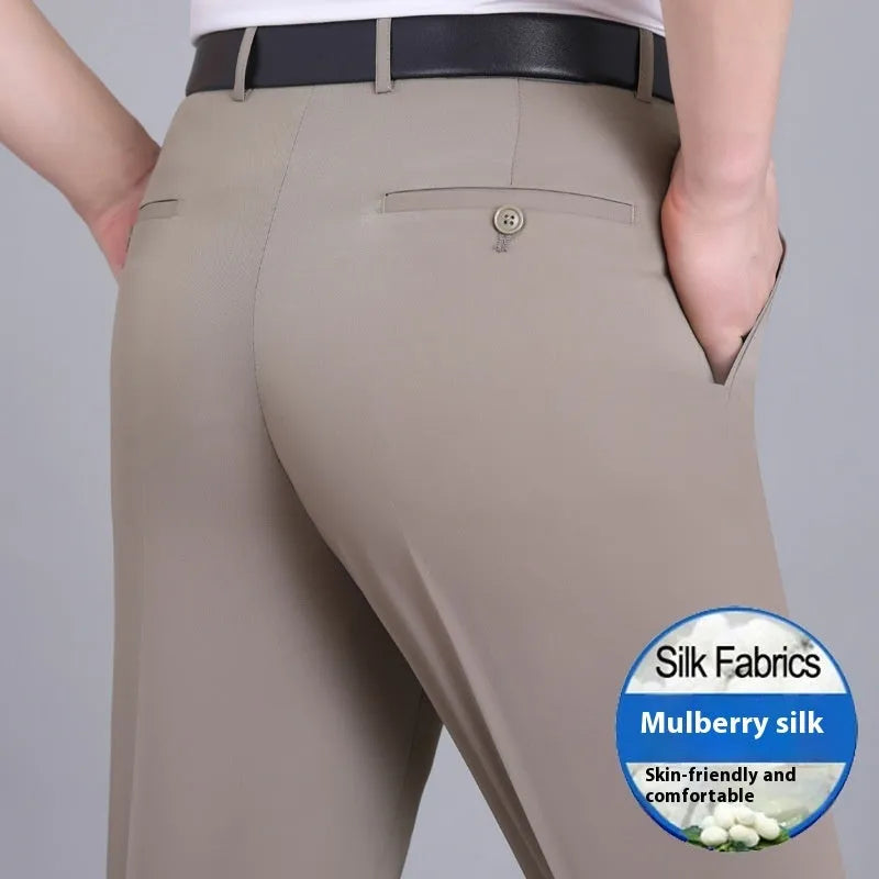 Men's straight-leg business trousers with high waist in mulberry silk blend fabric