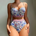 Blue women's high waist push-up bikini swimsuit with sleeveless design