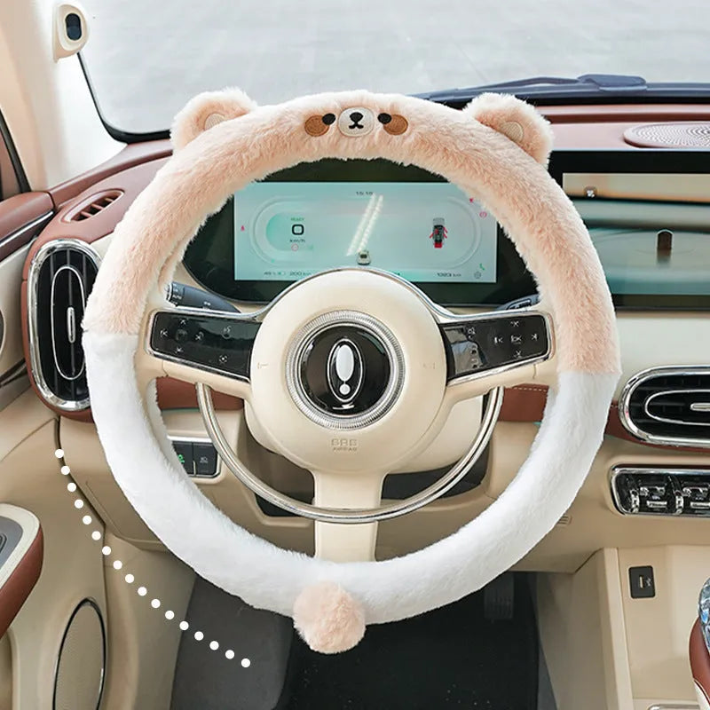 Rabbit fur plush steering wheel cover with embroidered cartoon panda design for winter.