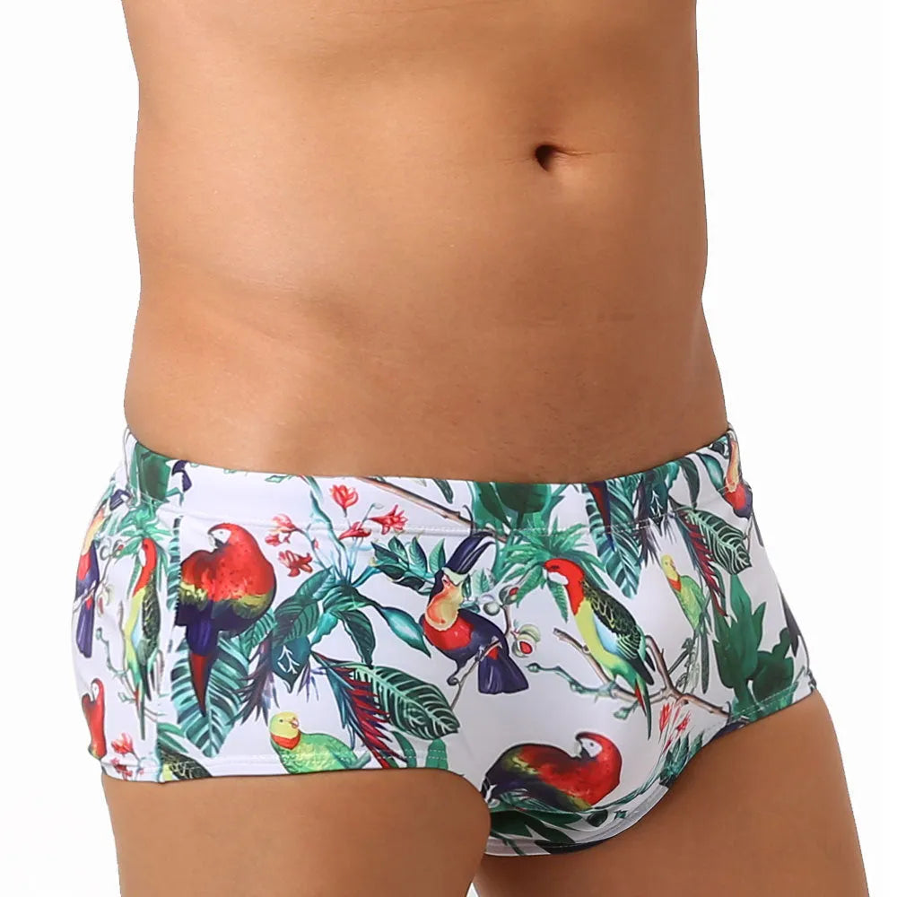 Men's nylon swimming trunks with flower-bird print in briefs and boxer styles