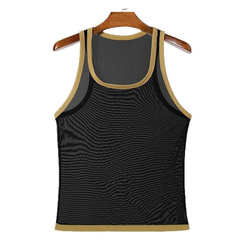 Men's white polyester mesh athletic vest with tight fit and straight hem design