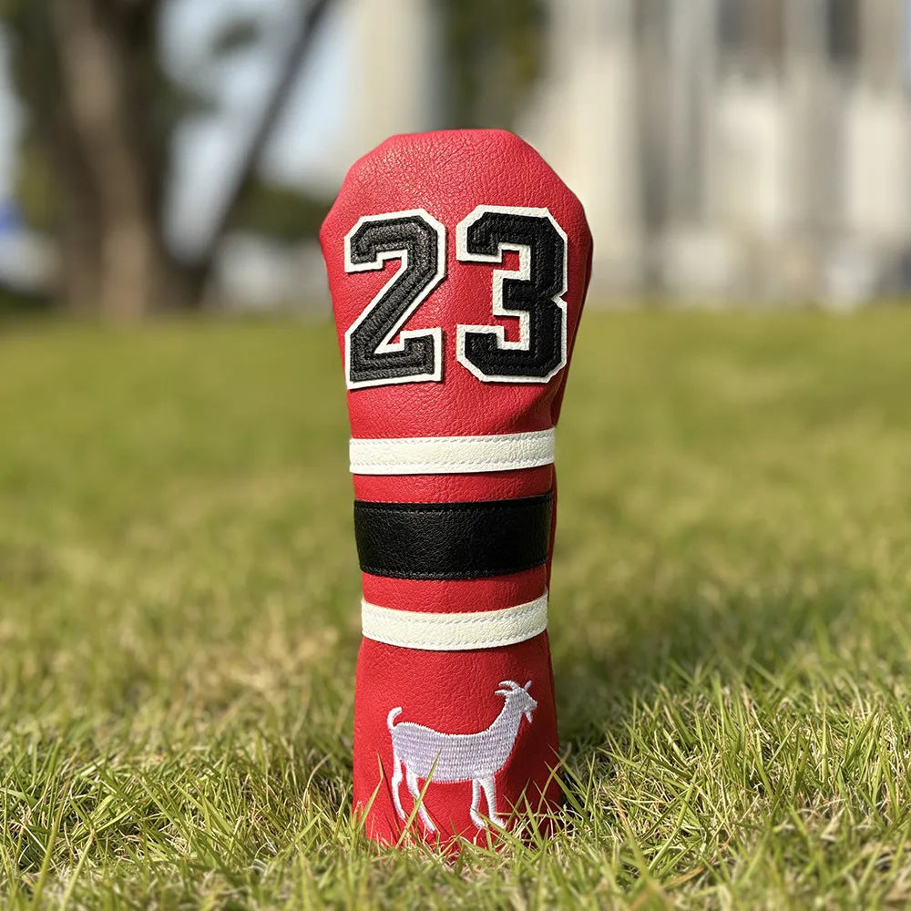 Ram golf club headcover set showing chicken drumstick UT cover, fairway wood sleeves, and square putter sleeve in red colour
