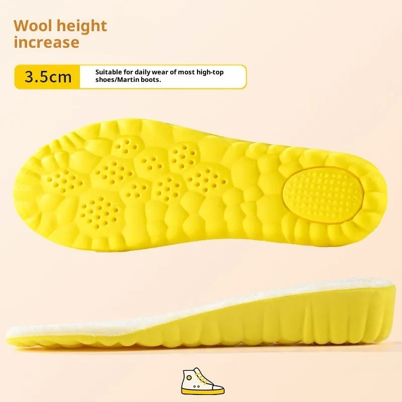 Wool fleece lined cloud height increasing insole in warm winter style, available in 1.5cm to 3.5cm heights, sizes 35-46