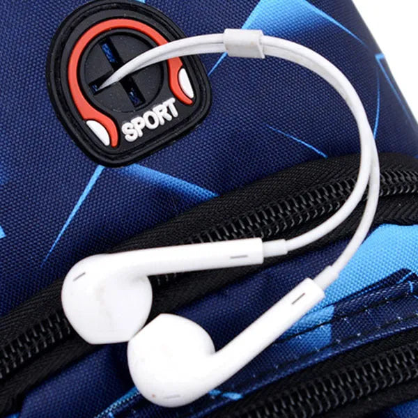Men's blue Oxford cloth crossbody sling bag showing earphone hole and front zipper.