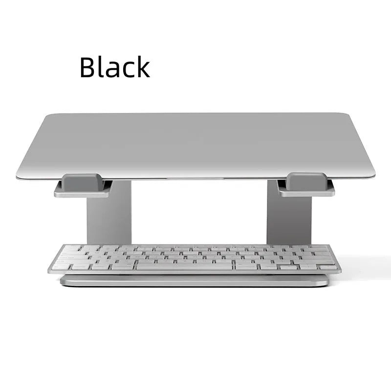 Black aluminium alloy laptop stand on a desk, showing its raised platform and dimensions.