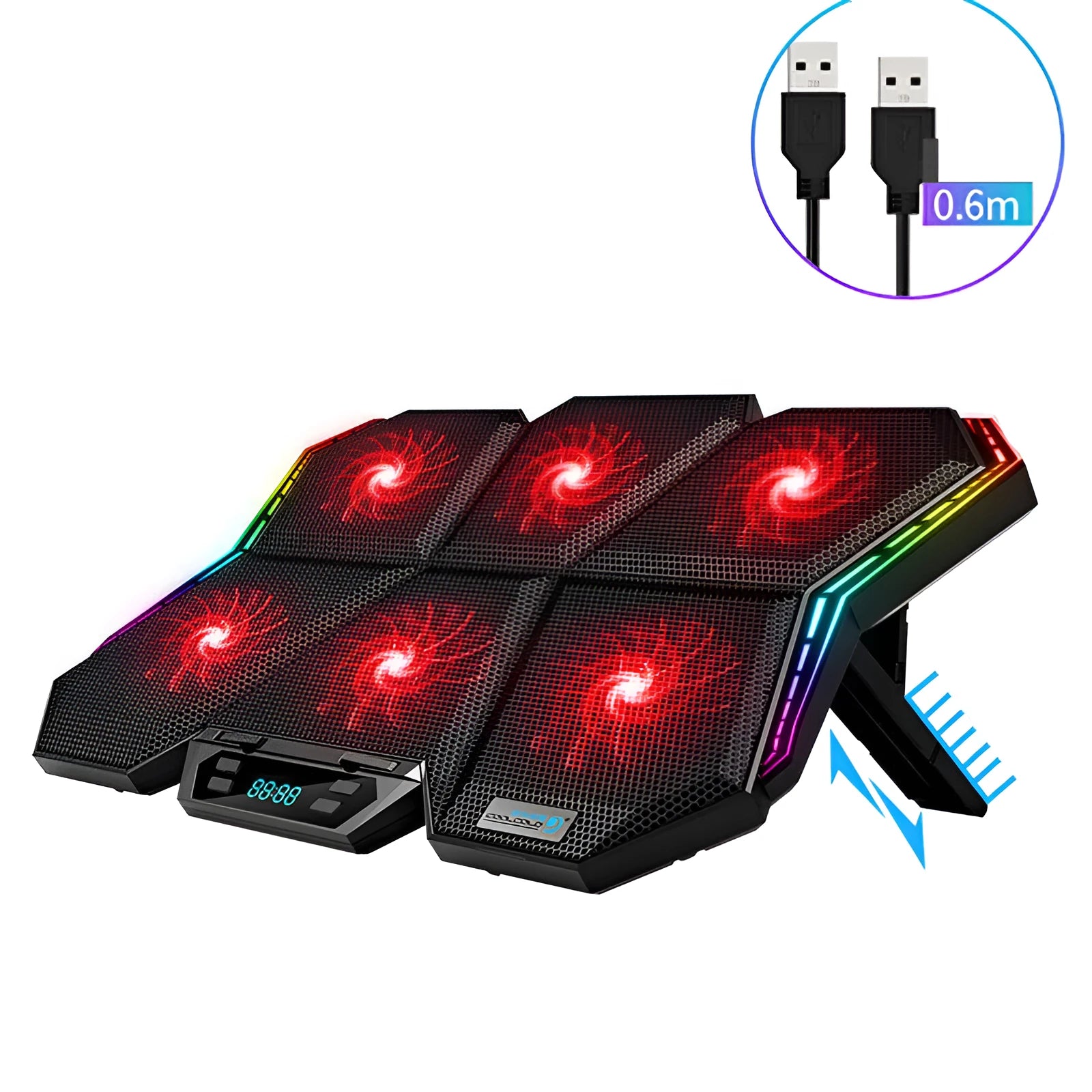 Black and red six-fan notebook radiator cooler with USB cable on a desk.