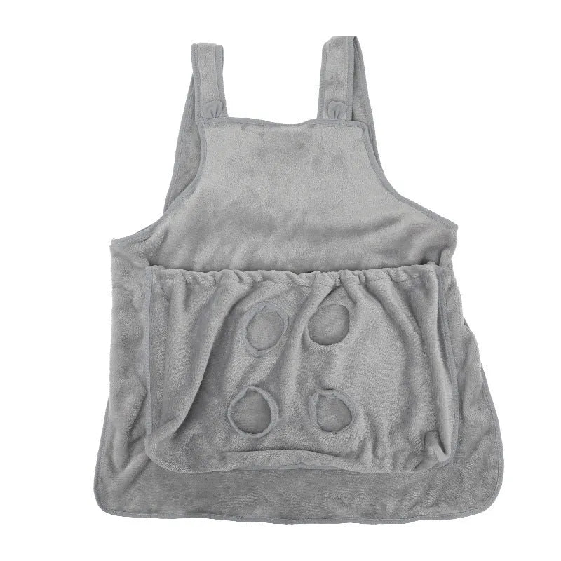 Plush pet carrier apron for small cats and dogs showing adjustable neck strap and pet opening