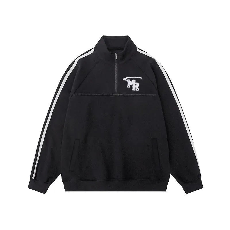 Hong Kong style retro hoodie with stand collar in black top colour showing long sleeve sports jacket design