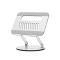 Silver aluminium laptop stand showing rotatable design and height adjustment mechanism