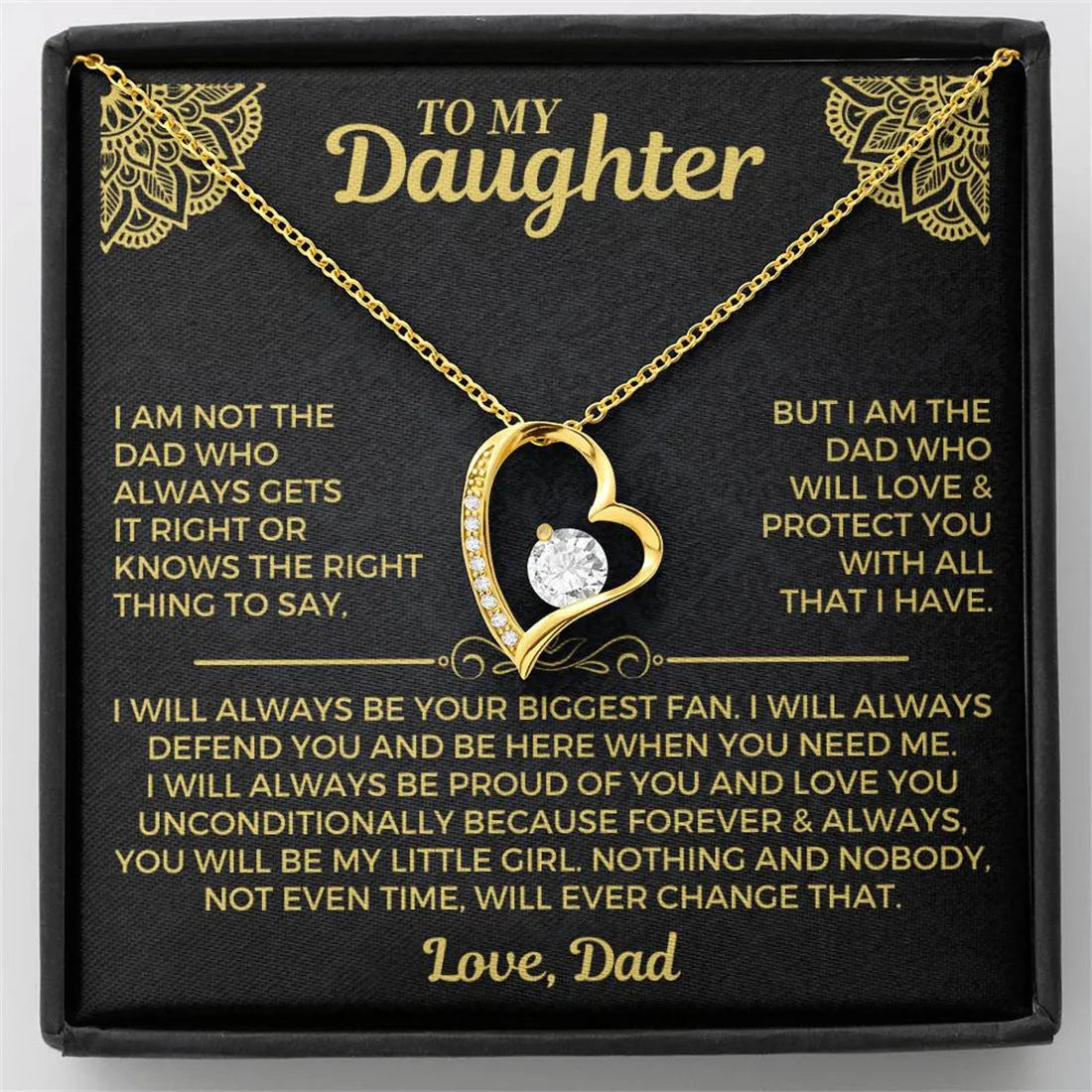 Hollow heart-shaped pendant necklace in gold or silver finish with gift box and card.