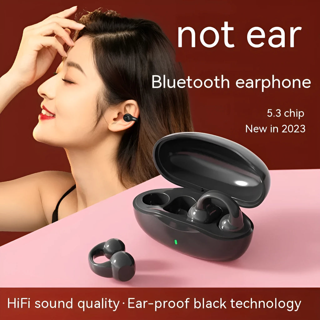 Clip-on sports wireless Bluetooth headset with digital display, black colour, worn on ear