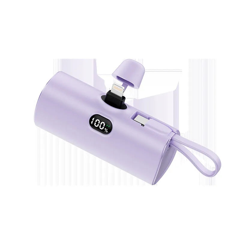 Wireless capsule power bank with digital display in five colour options showing compact dimensions