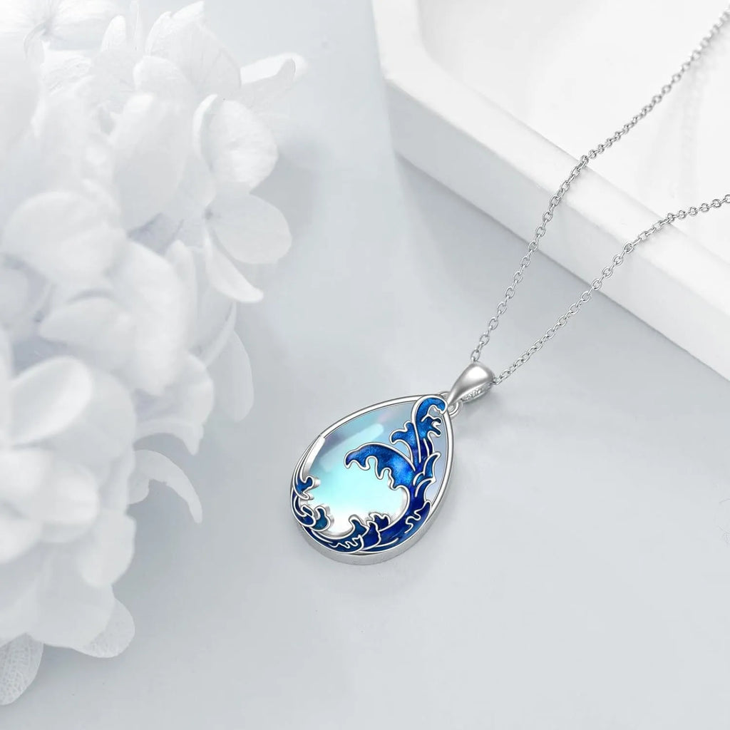 Moonstone blue alloy pendant necklace for women with love heart design on chain