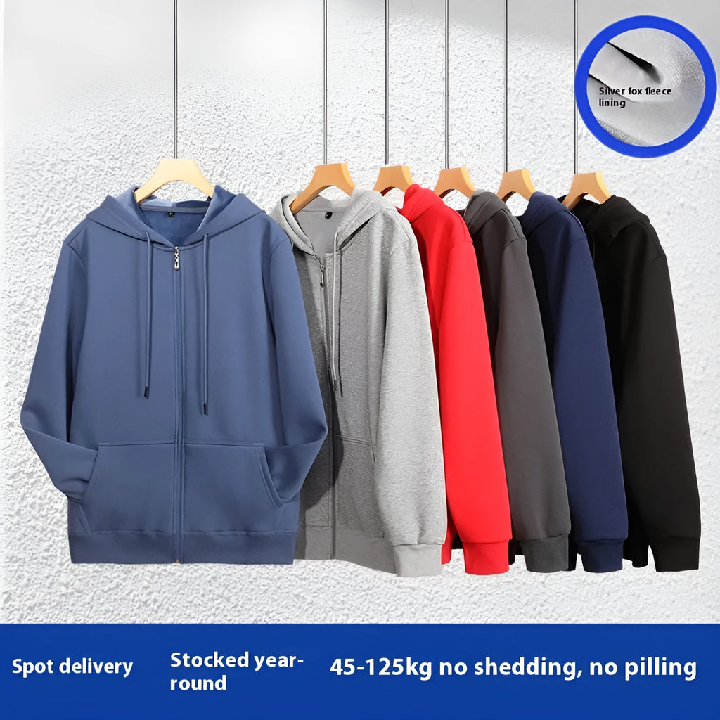 Men's heavyweight zip hooded sweater in charcoal grey showing front kangaroo pockets and adjustable hood