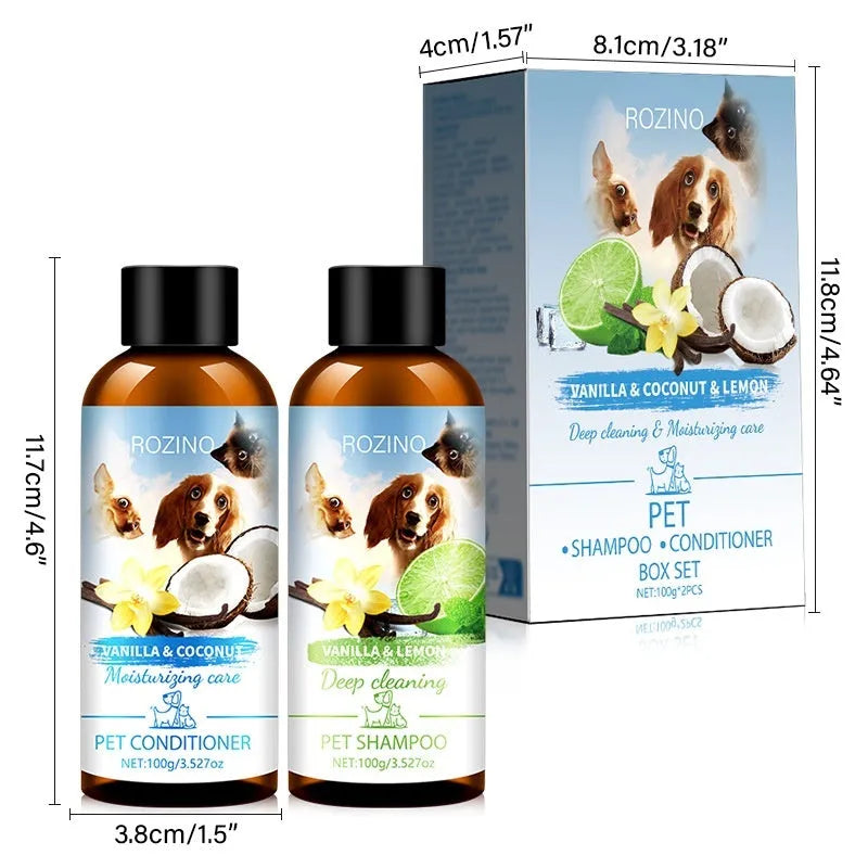 Pet wash nursing suite shampoo and conditioner set in two plastic bottles with labels