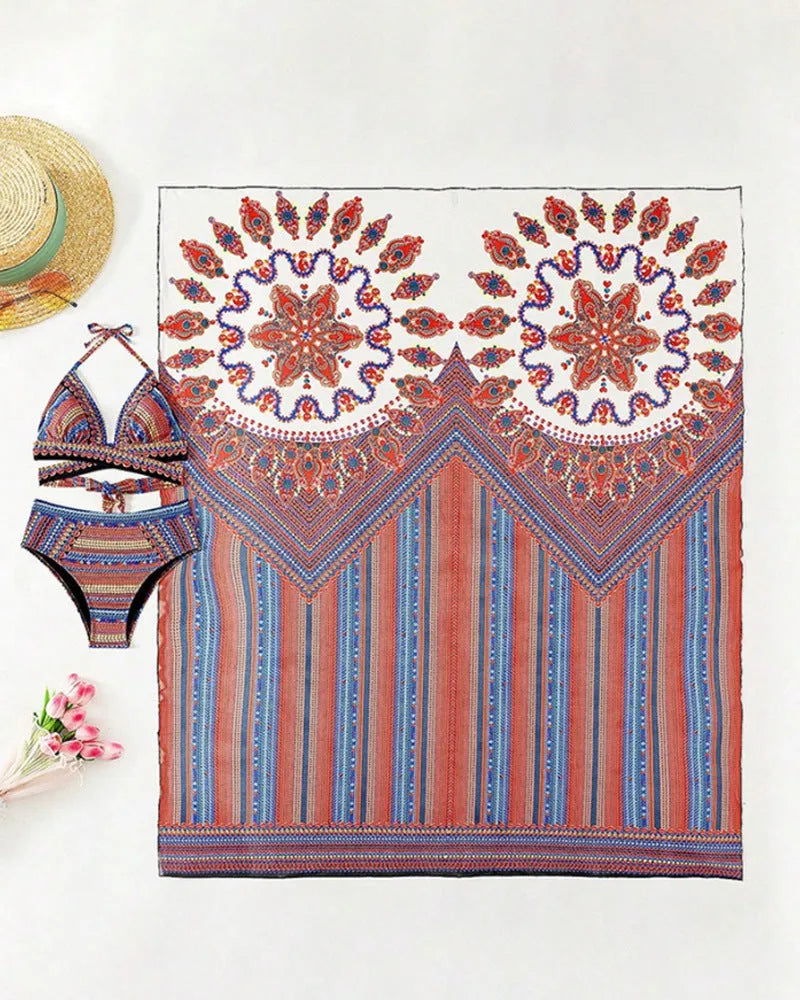 Women's three-piece swimsuit set with a cutout sleeveless top, high-waist briefs, and a matching coat.