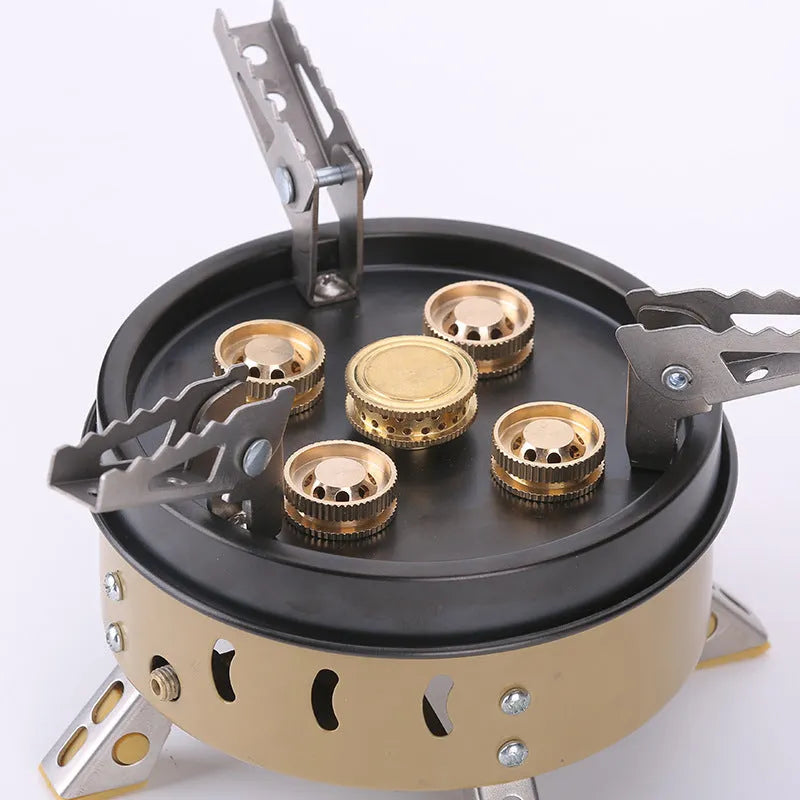 Portable windproof camping gas stove holder set in dark khaki, with cloth bag, for cookouts with 3-5 people.