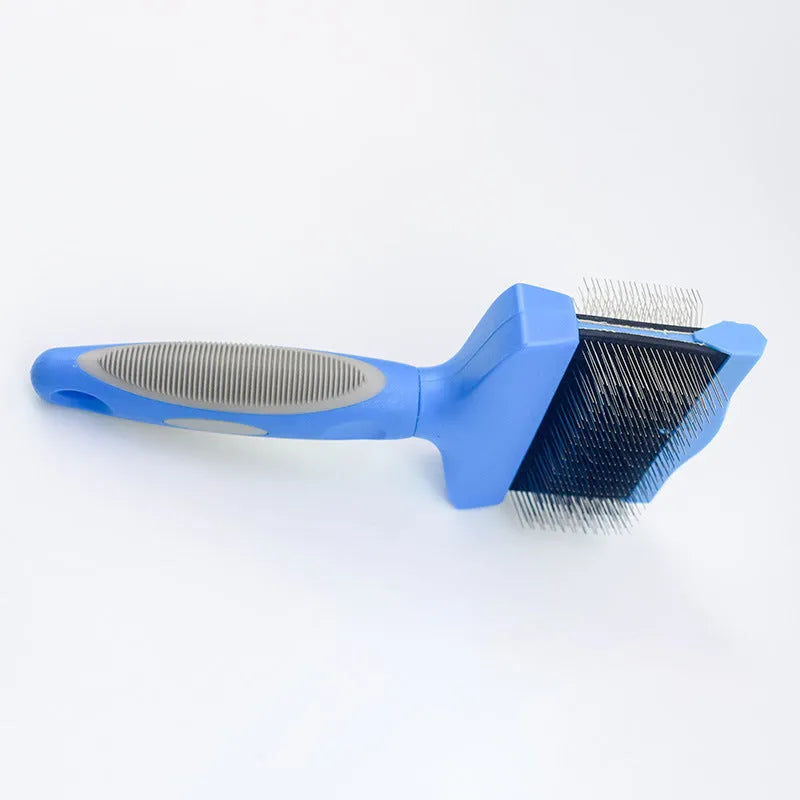 Double-sided soft pet comb with self-cleaning bristles, large size, blue, for cats and dogs