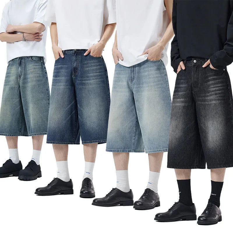 Men's straight leg cropped denim shorts in light blue, shown laid flat.