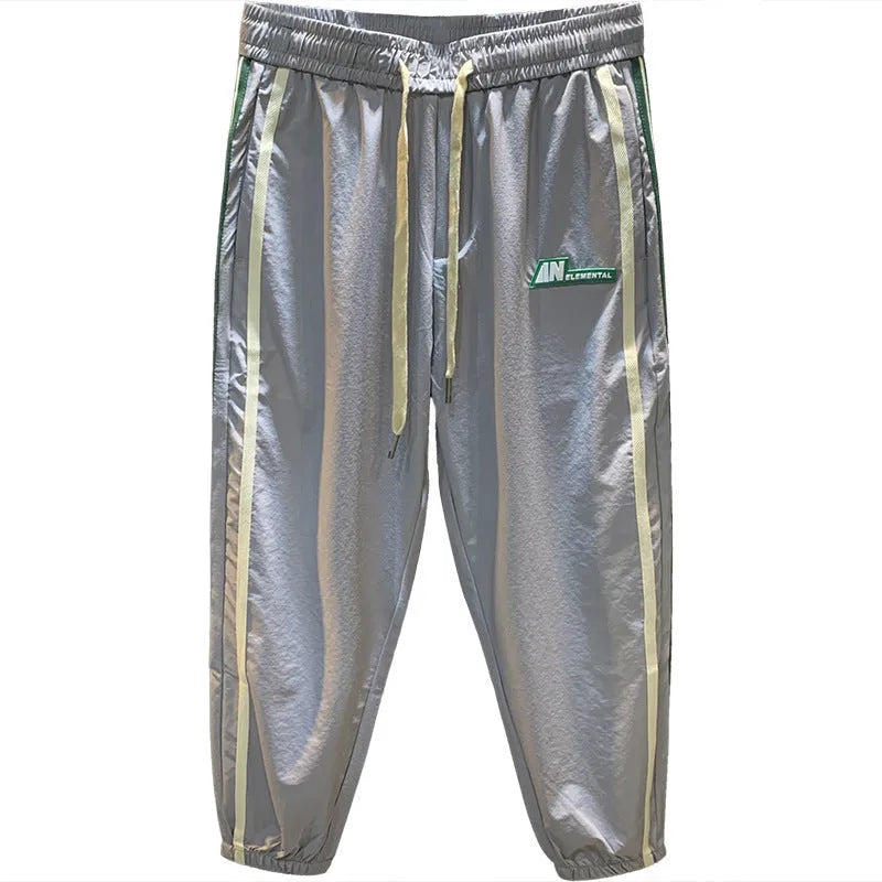 Men's black ice silk harem pants with mid waist and straight leg design