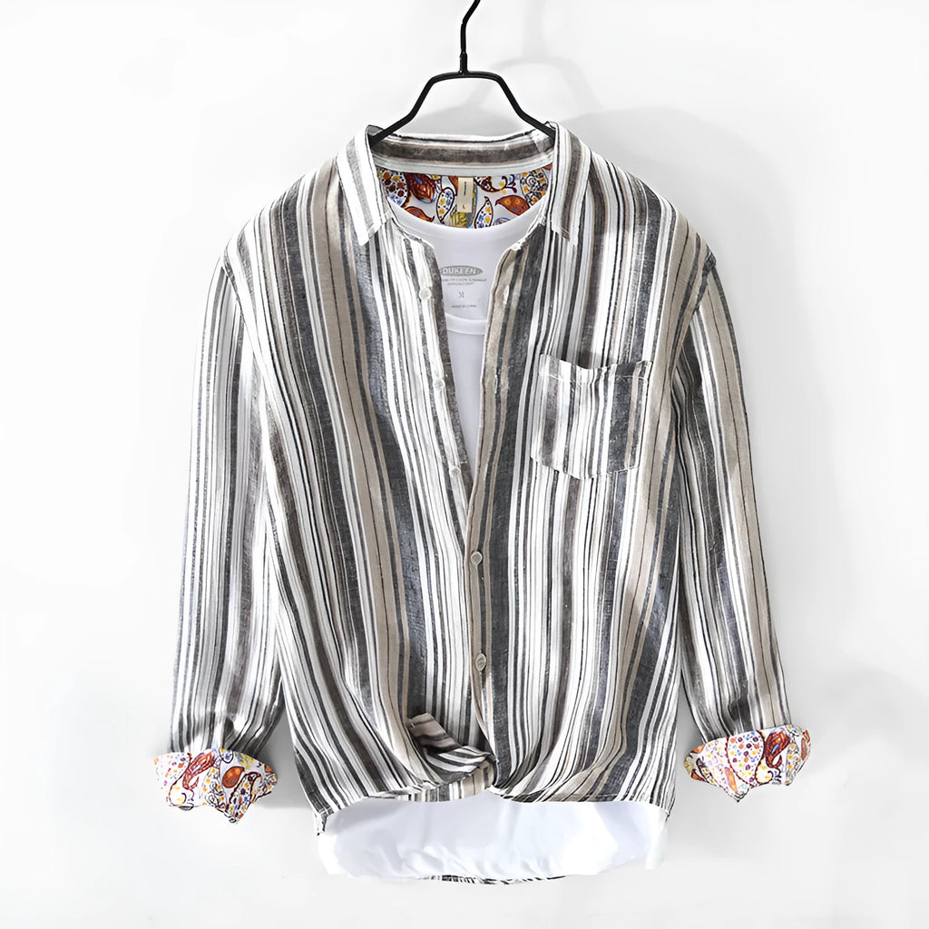 Men's striped linen casual shirt with long sleeves shown in loose fit grey and red colour options