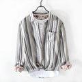Men's striped linen casual shirt with long sleeves shown in loose fit grey and red colour options