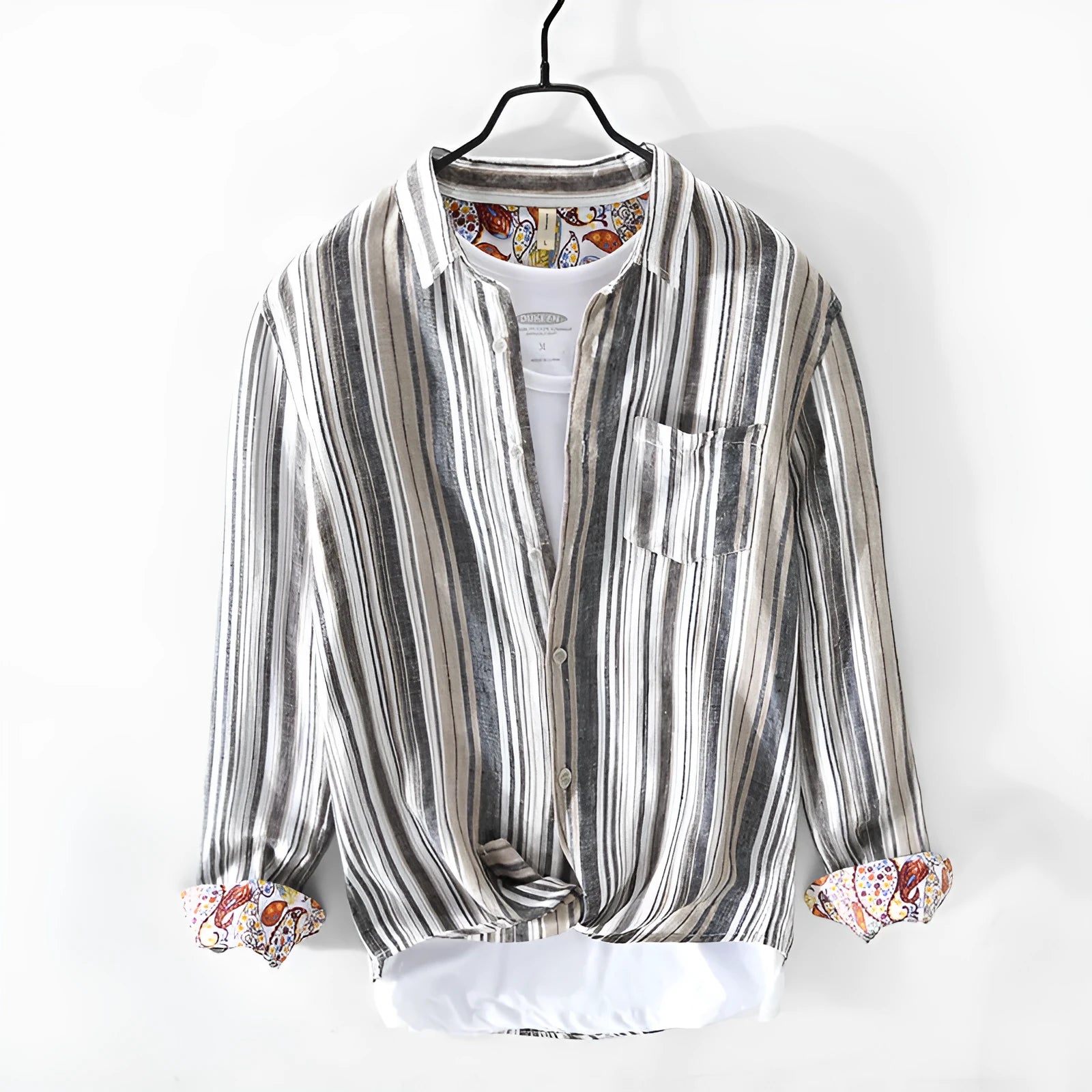Men's striped linen casual shirt with long sleeves shown in loose fit grey and red colour options
