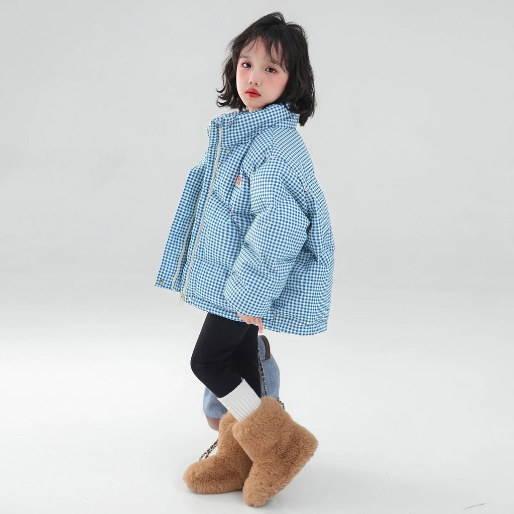 Blue plaid hooded coat jacket for children with zipper closure and cotton lining