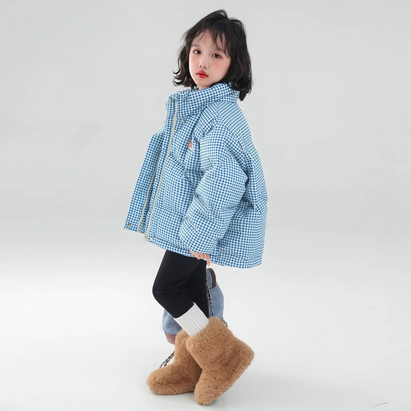 Blue plaid hooded coat jacket for children with zipper closure and cotton lining