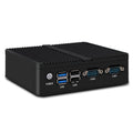 Compact metal industrial fanless mini PC host for control systems with connectivity ports.