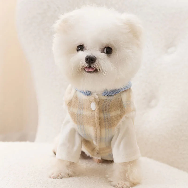 Blue corduroy dog hoodie with chessboard grid pattern and hooded traction design