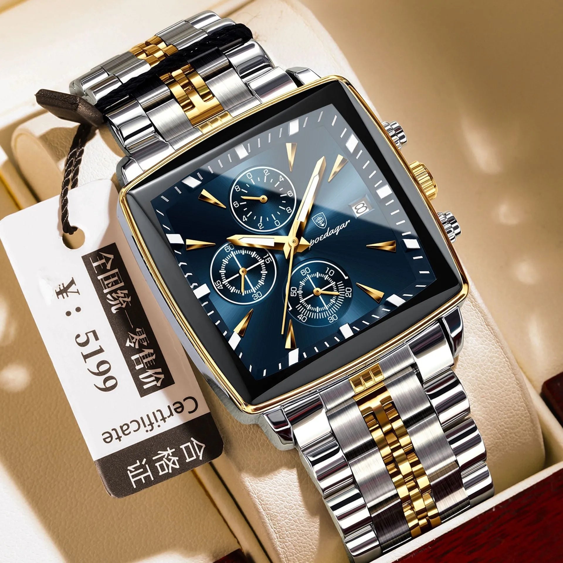 Men's square business watch with stainless steel strap and mineral glass on wrist