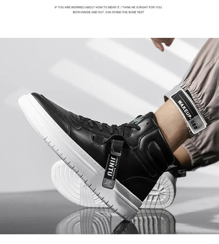 Men's Korean-style short boots in white and black, artificial PU upper, sizes 39 to 44
