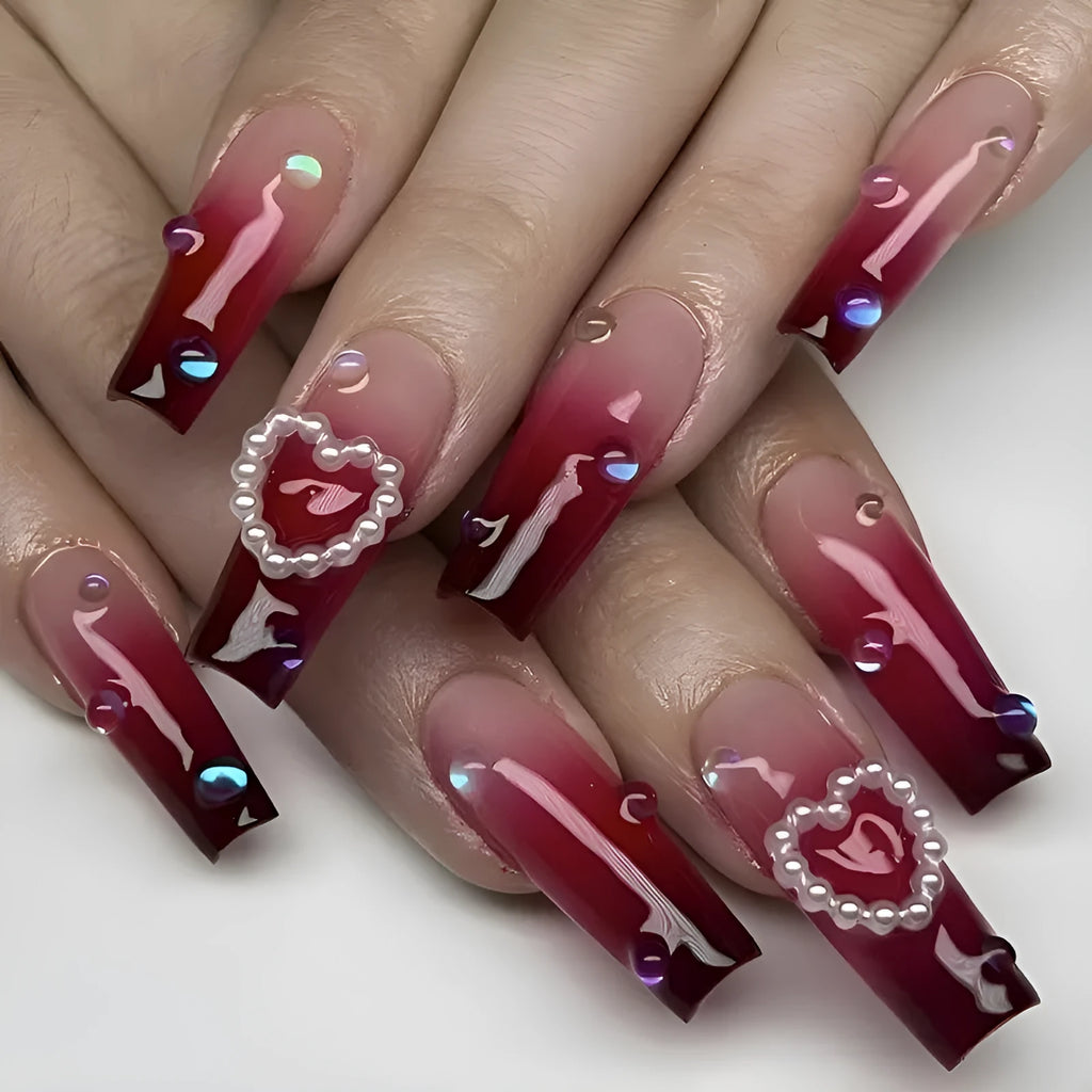 Wine red gradient false nail tips with plaid pattern, jelly glue, and rubbing clause in package