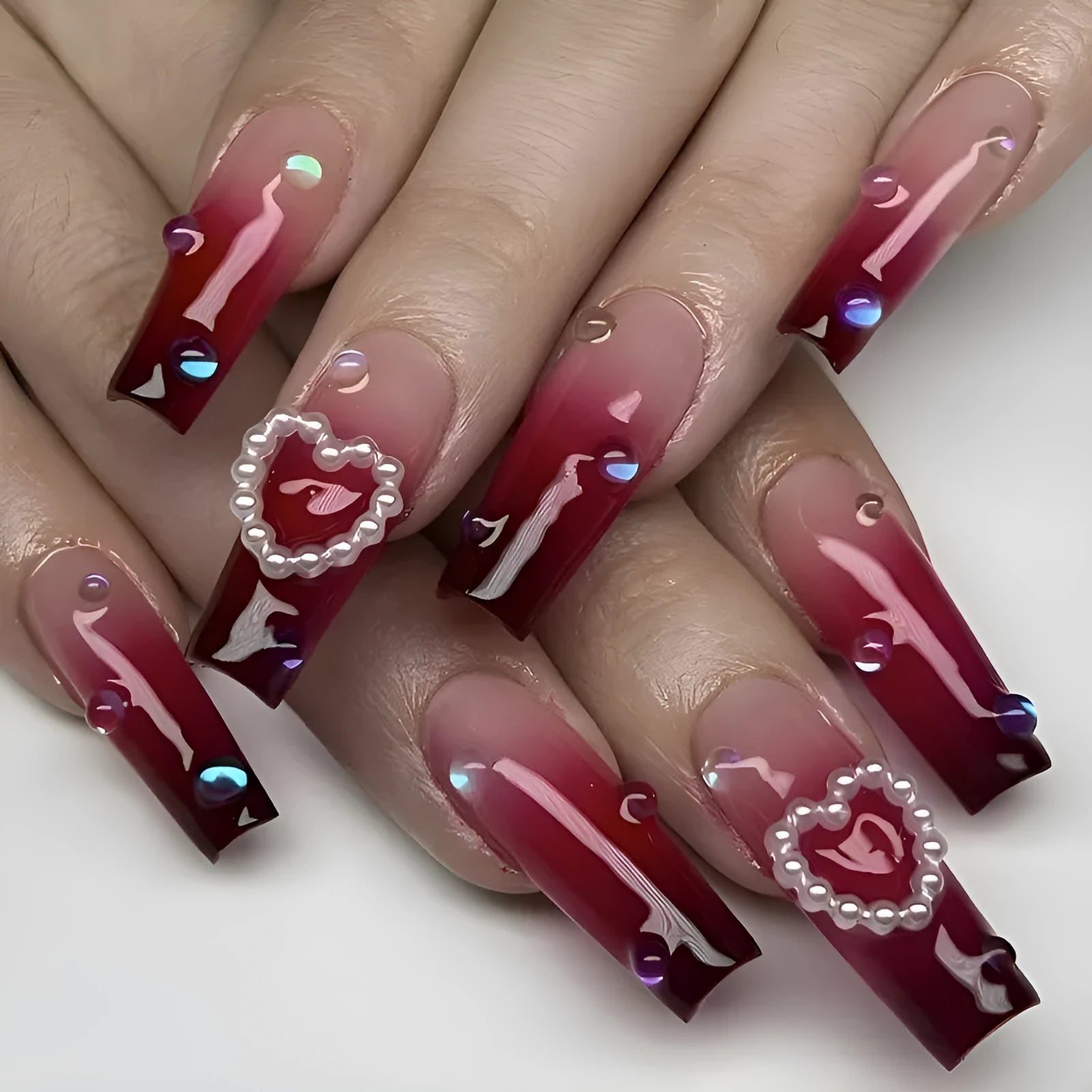 Wine red gradient false nail tips with plaid pattern, jelly glue, and rubbing clause in package