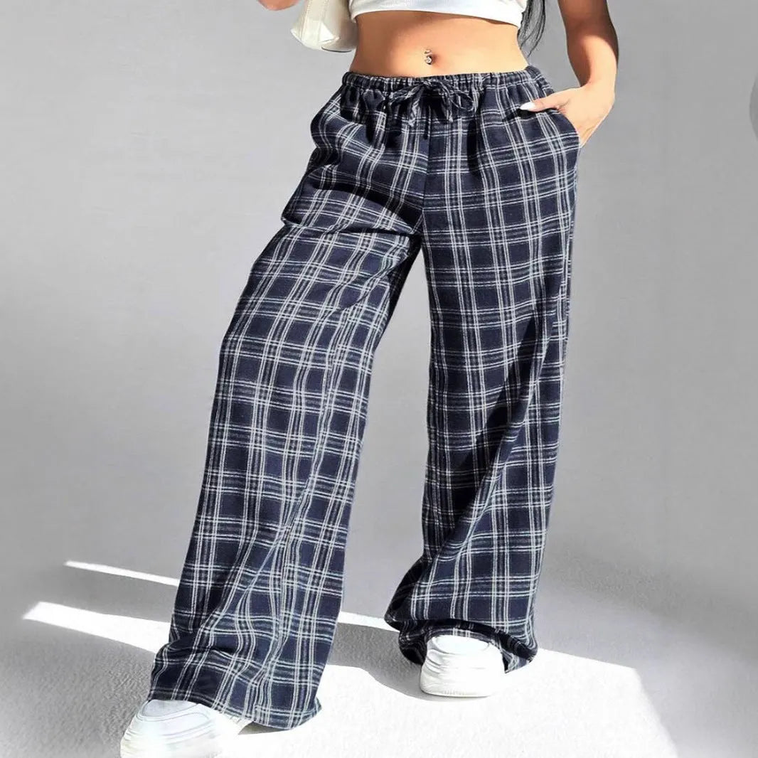 Women's plaid pattern casual trousers with drawstring waist and front pockets in blue colour option
