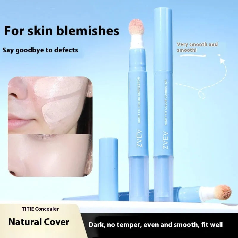 Concealer pen with sponge brush head applicator showing three colour shade options: brightening skin, pink flesh, and flesh colour