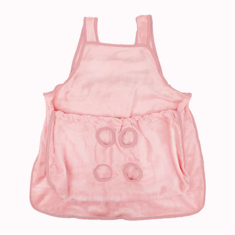 Plush pet carrier apron for small cats and dogs showing adjustable neck strap and pet opening