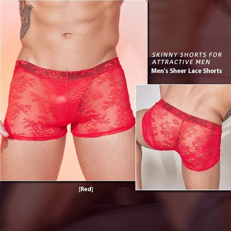 Men's nylon boxer briefs with decorative lace trim panels in black, white, and red colour options