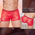 Men's nylon boxer briefs with decorative lace trim panels in black, white, and red colour options