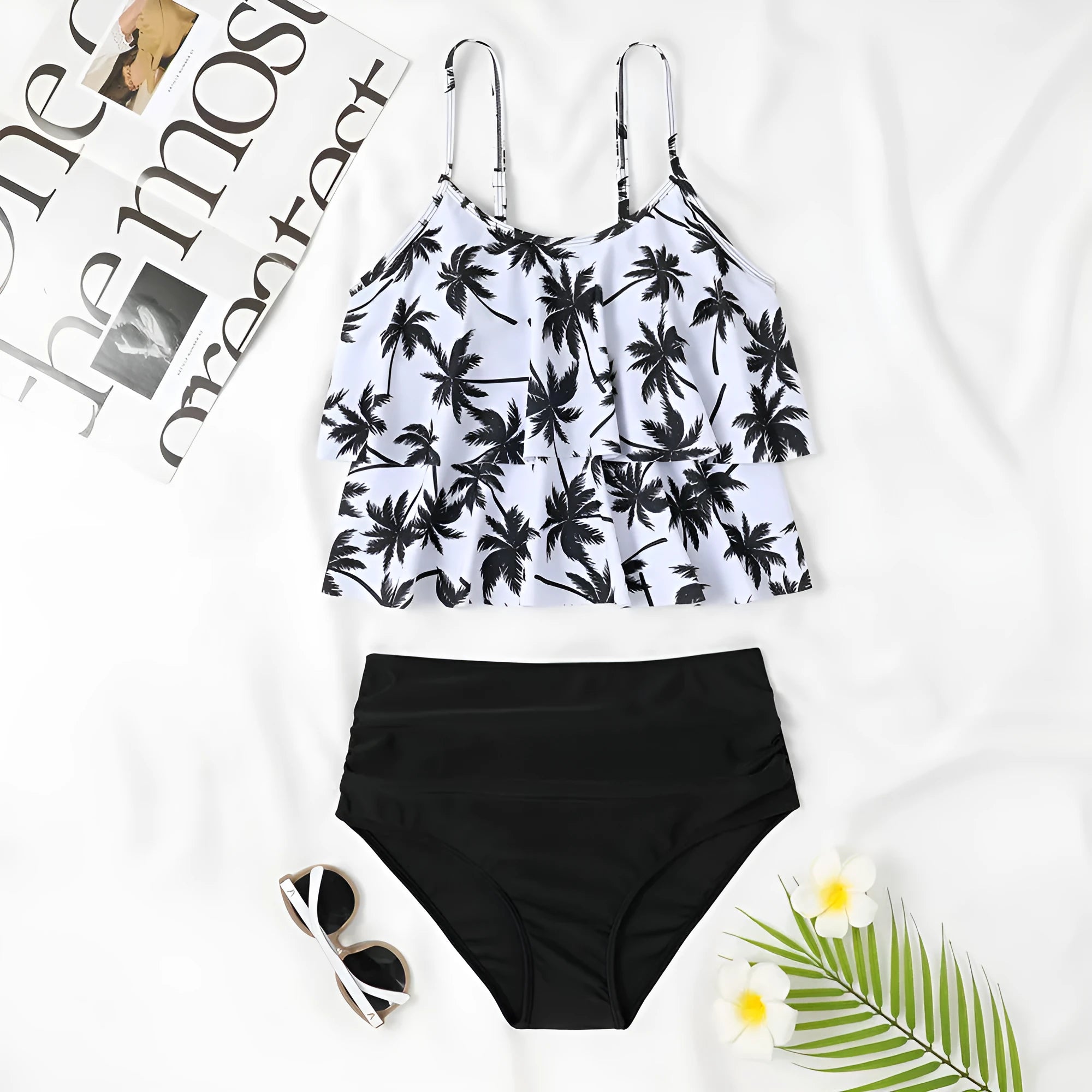 High-waisted black and coconut tree print double-layer swimsuit briefs for women