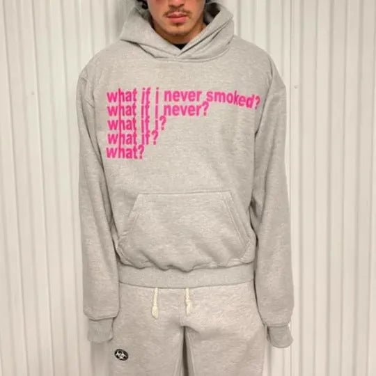 Black hooded sweater with white letter print design, regular sleeves and hooded collar