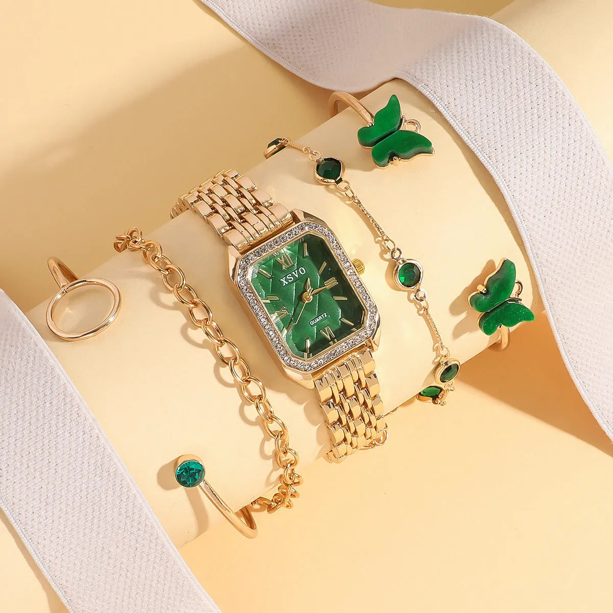 Gold green square women's watch with four matching bracelets in 5-piece jewellery gift set