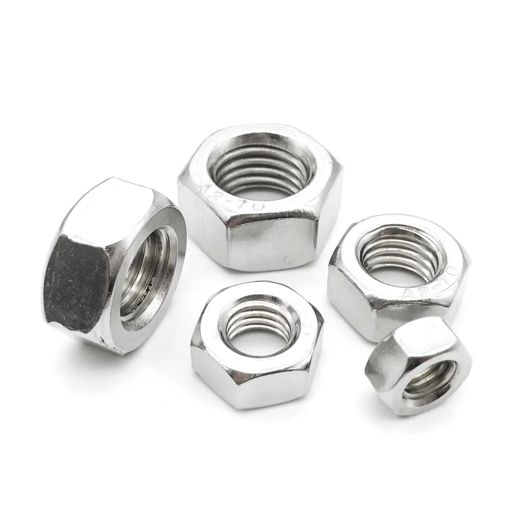 304 stainless steel thickened hex nut assortment from M6 to M56 metric sizes on grey background